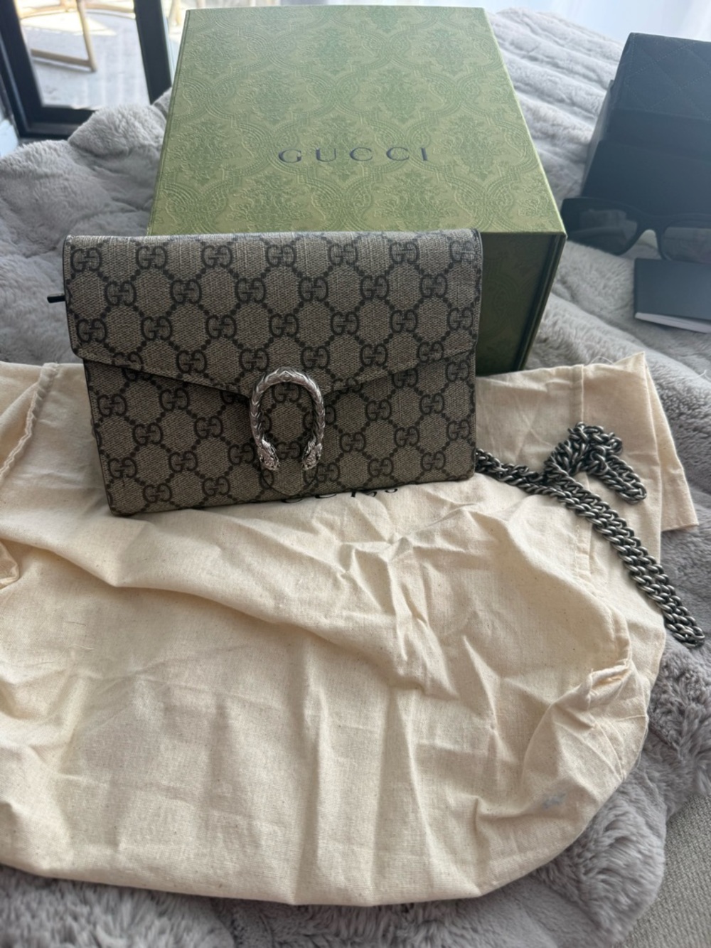 Gucci Beige Brown GG Supreme Dionysus Crossbody with Silver Chain
